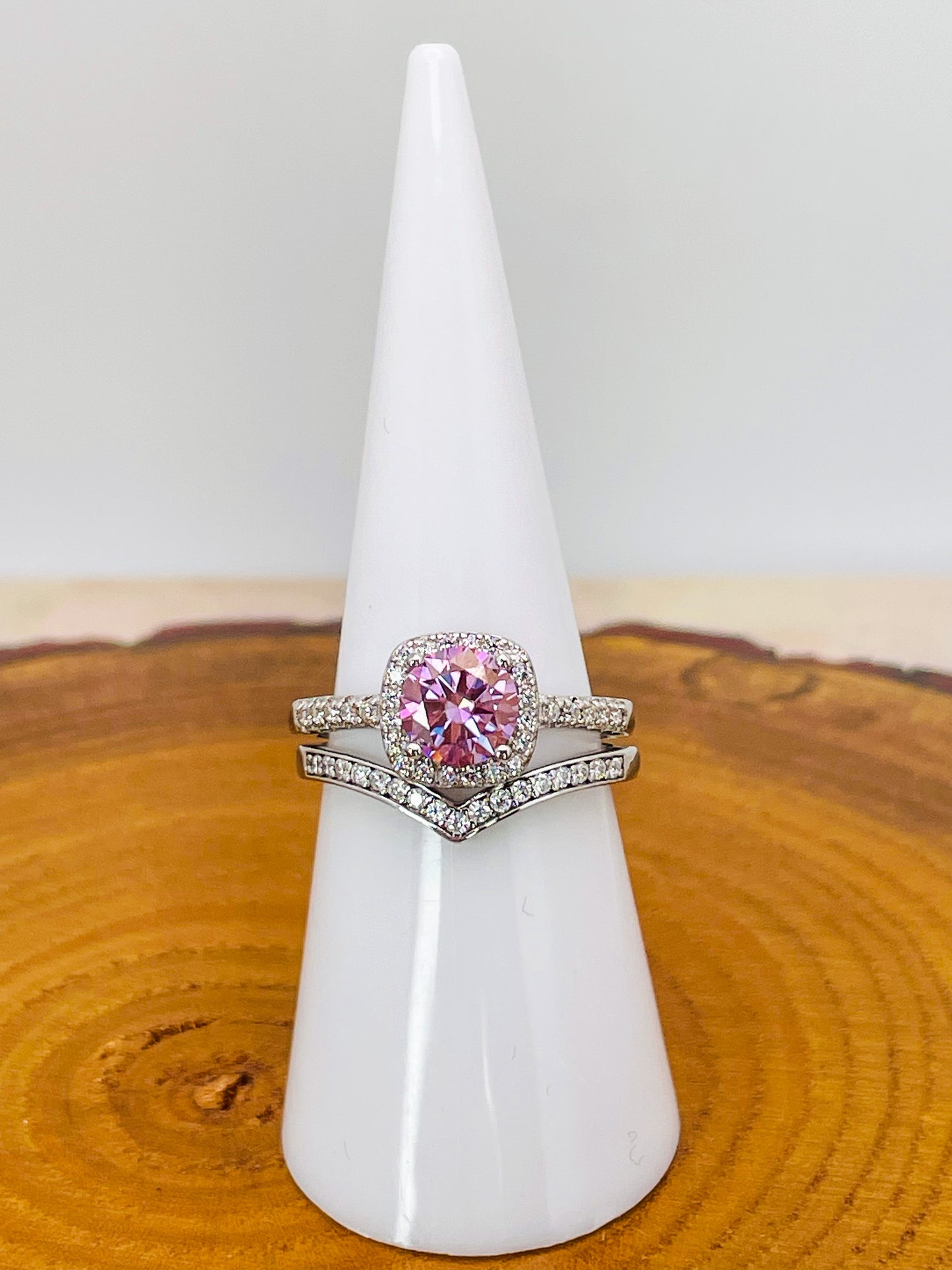 Sterling Silver Pink Moissanite Diamond Ring Set- Certificate of Authenticity