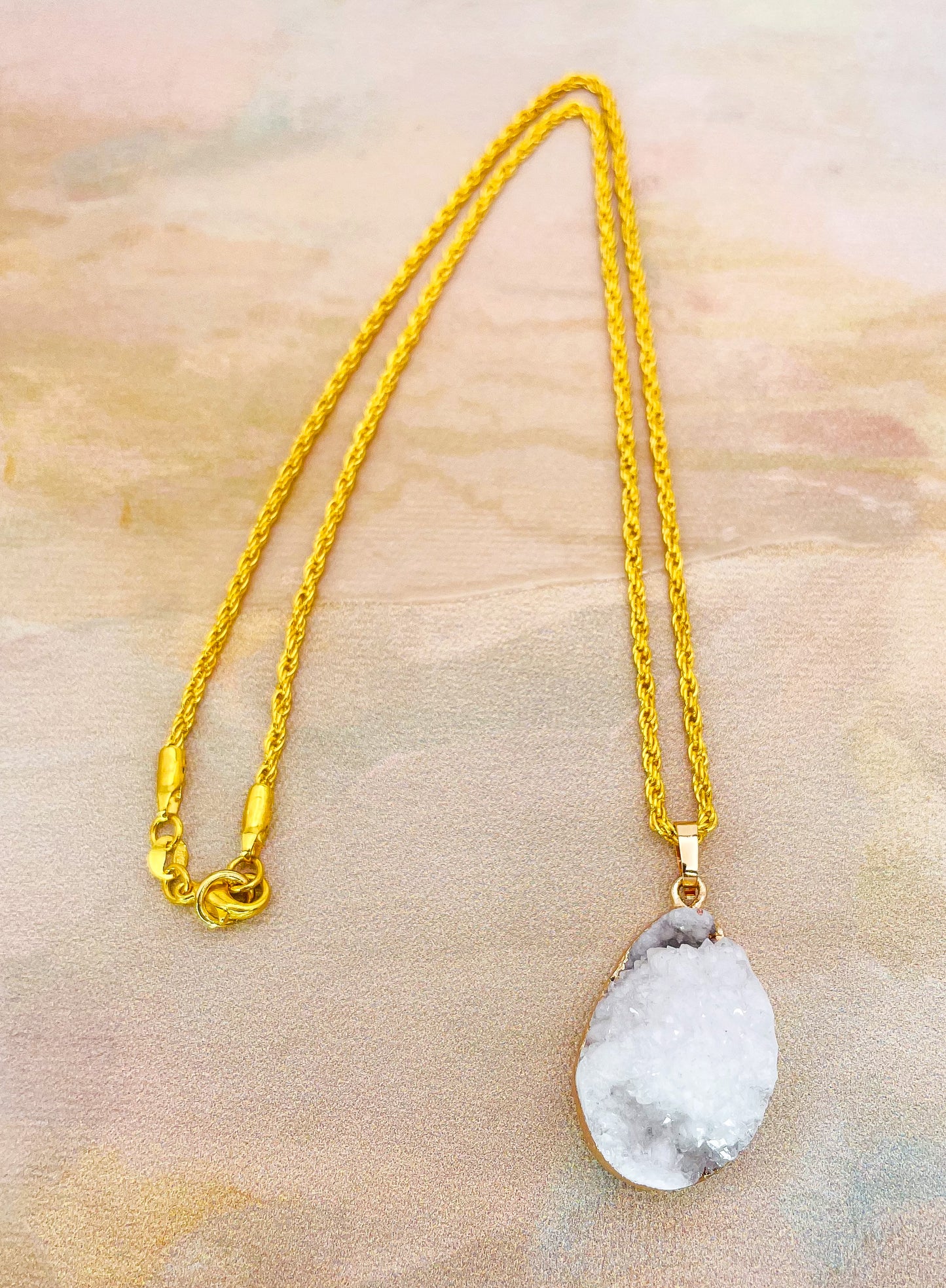 Natural Geode Druzy Crystal Gold Necklace