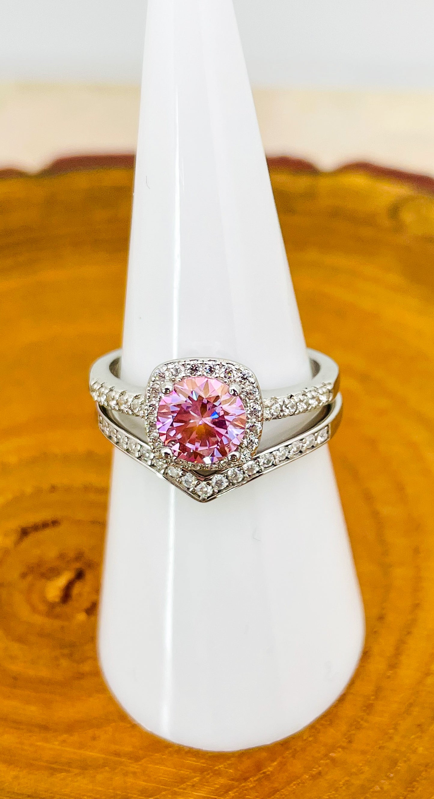 Sterling Silver Pink Moissanite Diamond Ring Set- Certificate of Authenticity