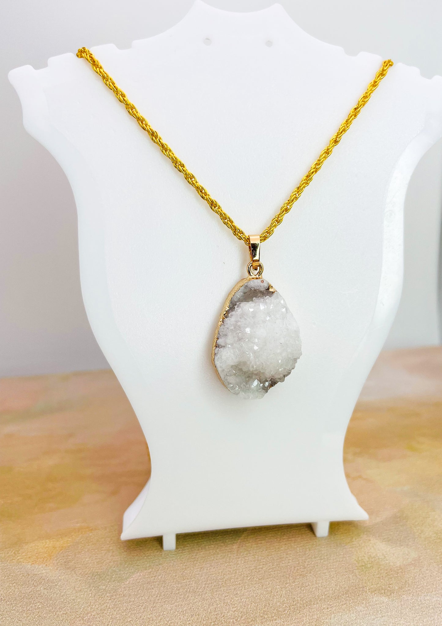 Natural Geode Druzy Crystal Gold Necklace