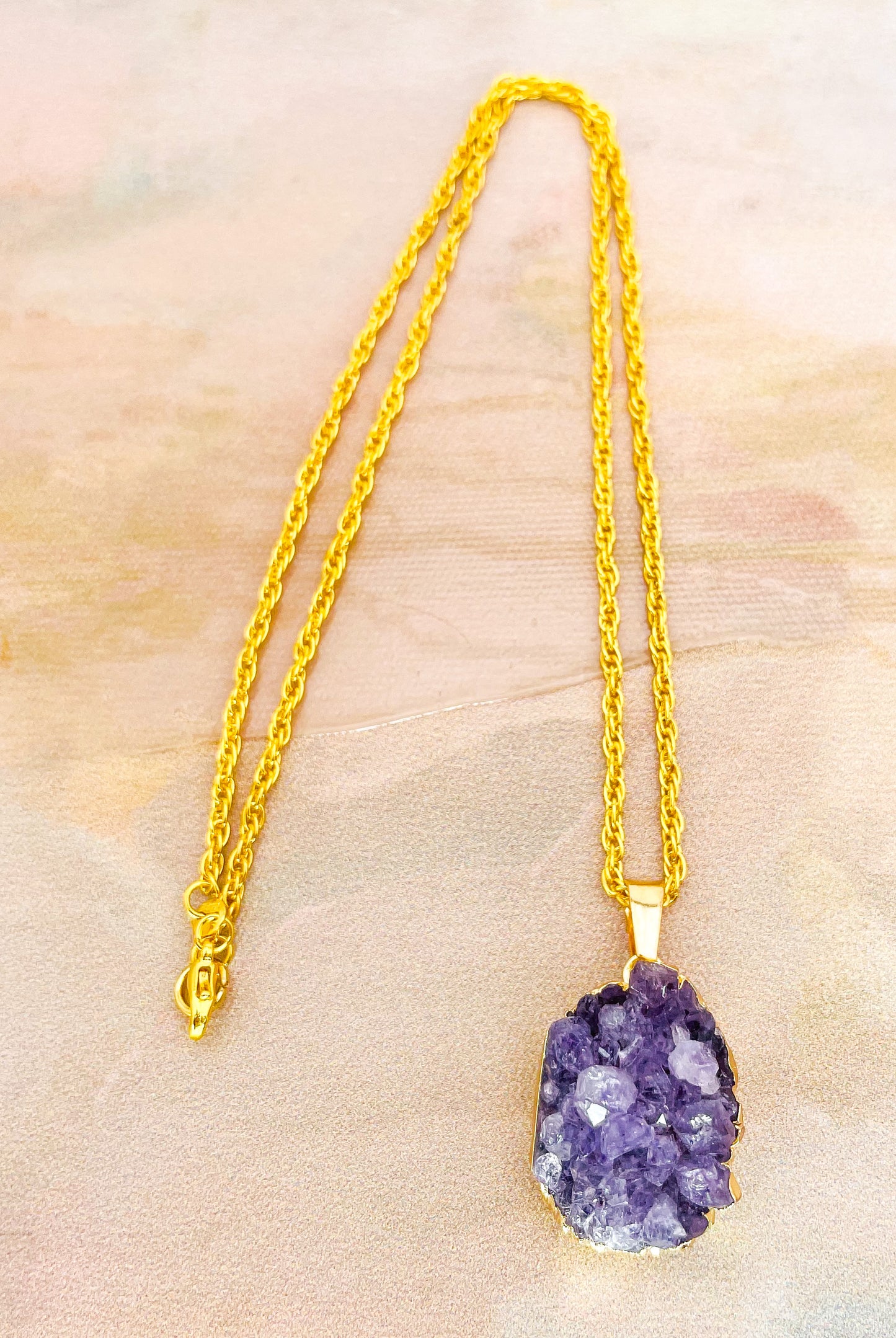 Natural Geode Druzy Crystal Gold Necklace