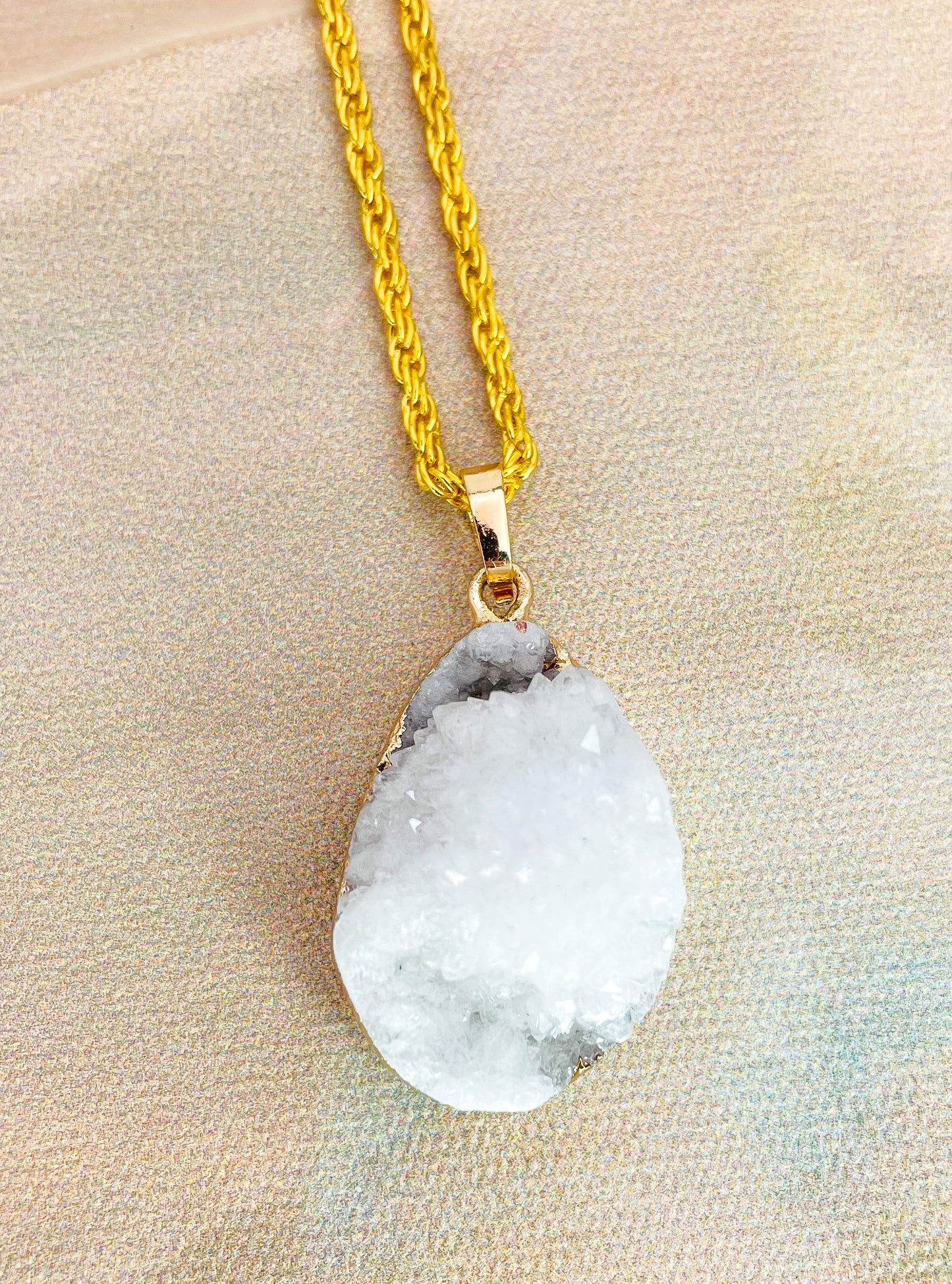 Natural Geode Druzy Crystal Gold Necklace