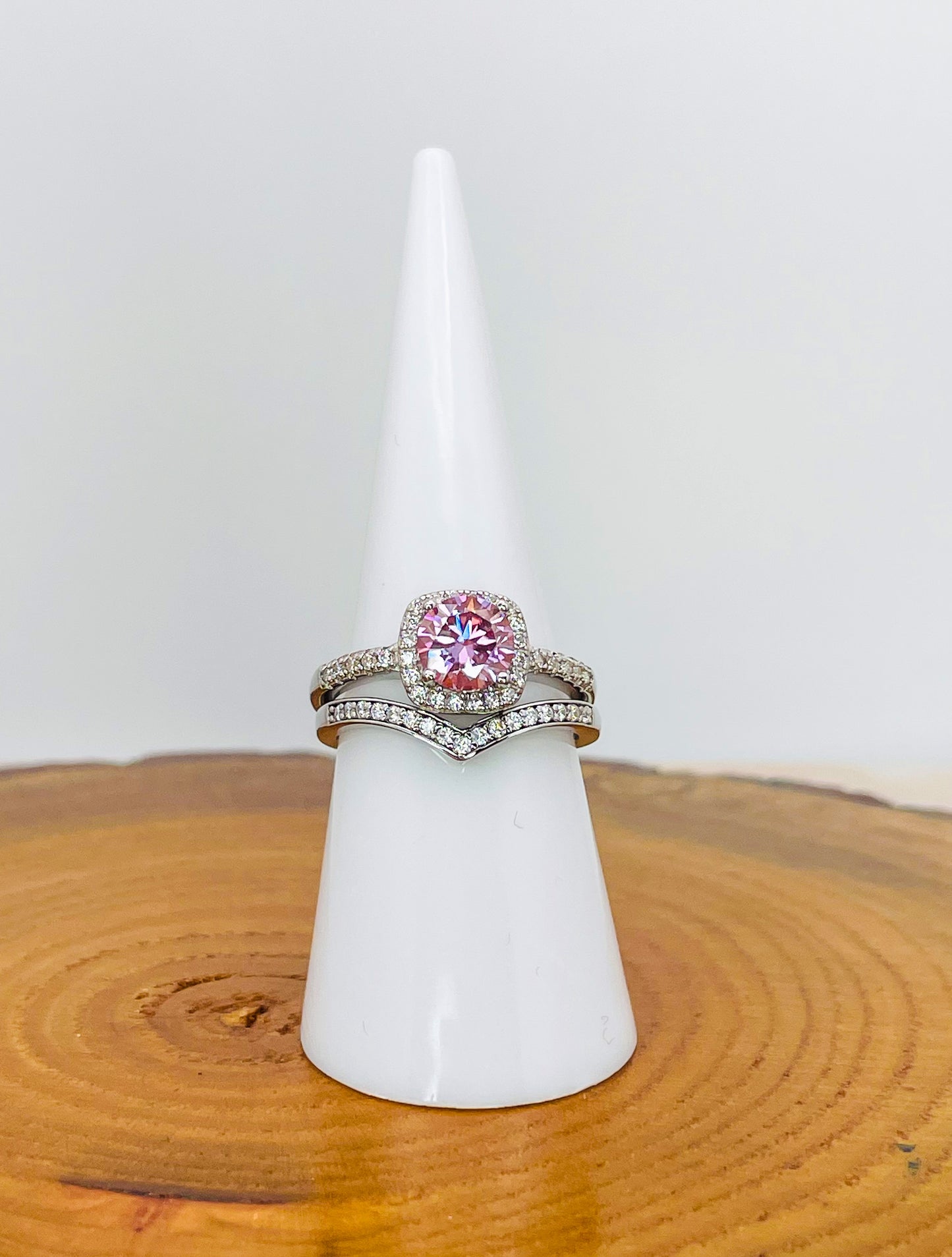 Sterling Silver Pink Moissanite Diamond Ring Set- Certificate of Authenticity