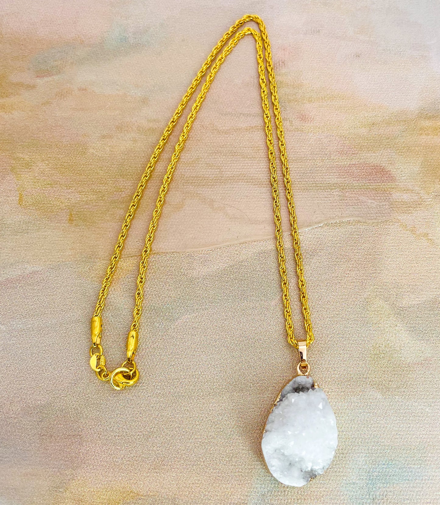 Natural Geode Druzy Crystal Gold Necklace