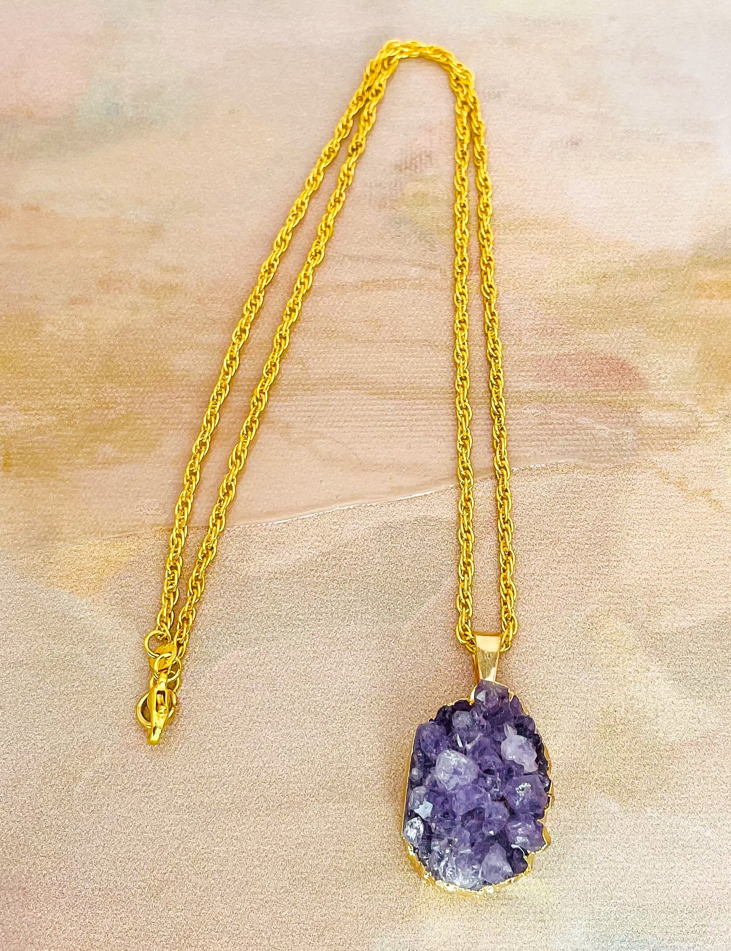 Natural Geode Druzy Crystal Gold Necklace