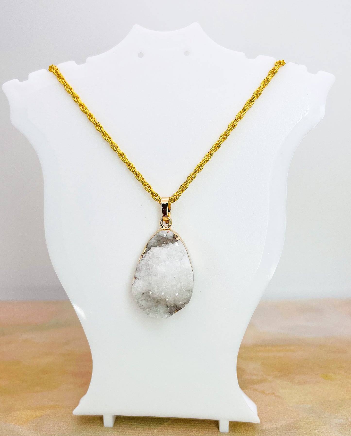 Natural Geode Druzy Crystal Gold Necklace