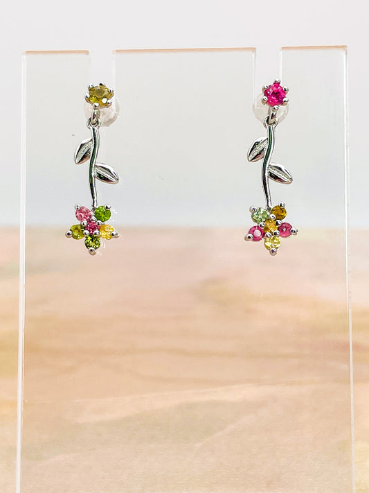 Sterling Silver Natural Tourmaline Flower Dangle Stud Earrings