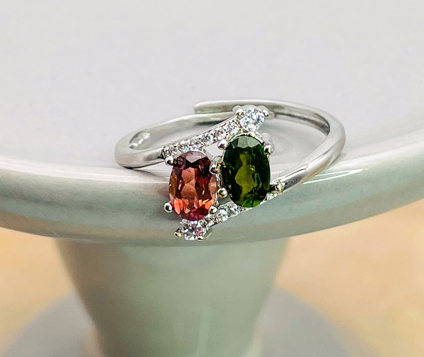 Sterling Silver Natural Tourmaline Double Ring